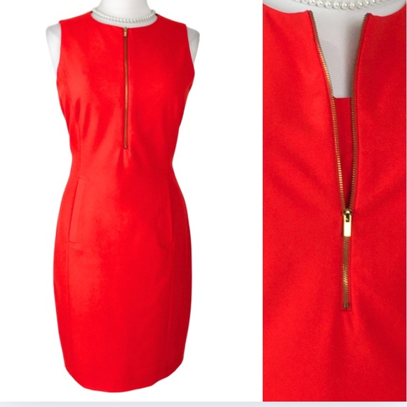 Calvin Klein Orange Red Front Zipper Sleeveless Pockets Sheath Midi Dress 10 - Picture 1 of 16